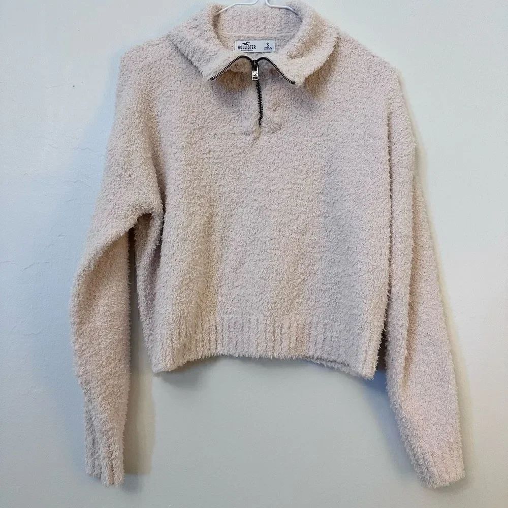 Hollister California Women's Sweater Boucle Half Zip Cowl Neck Tan Cream Small